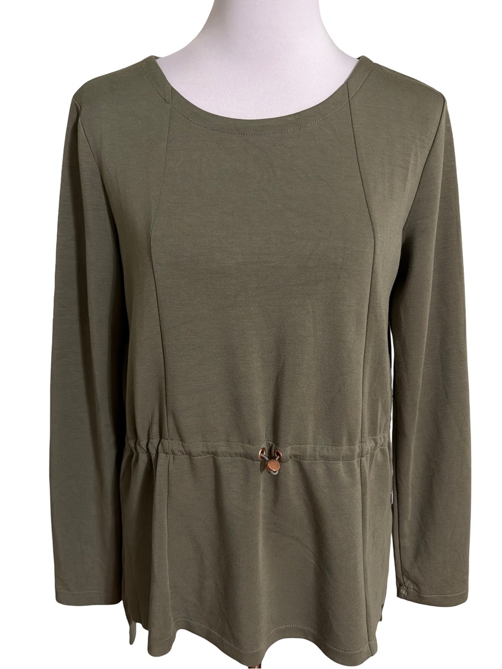 Talbots Olive Drawstring-Waist Crewneck Long-Sleeve Top